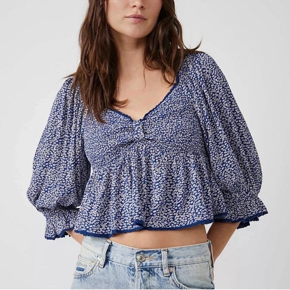 Free People Brittnee Printed Top Blue Floral